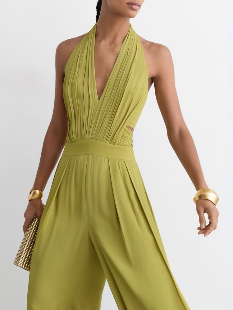 Buy Reiss Green Lainey Halterneck Pleated Wide-Leg Jumpsuit from Next USA