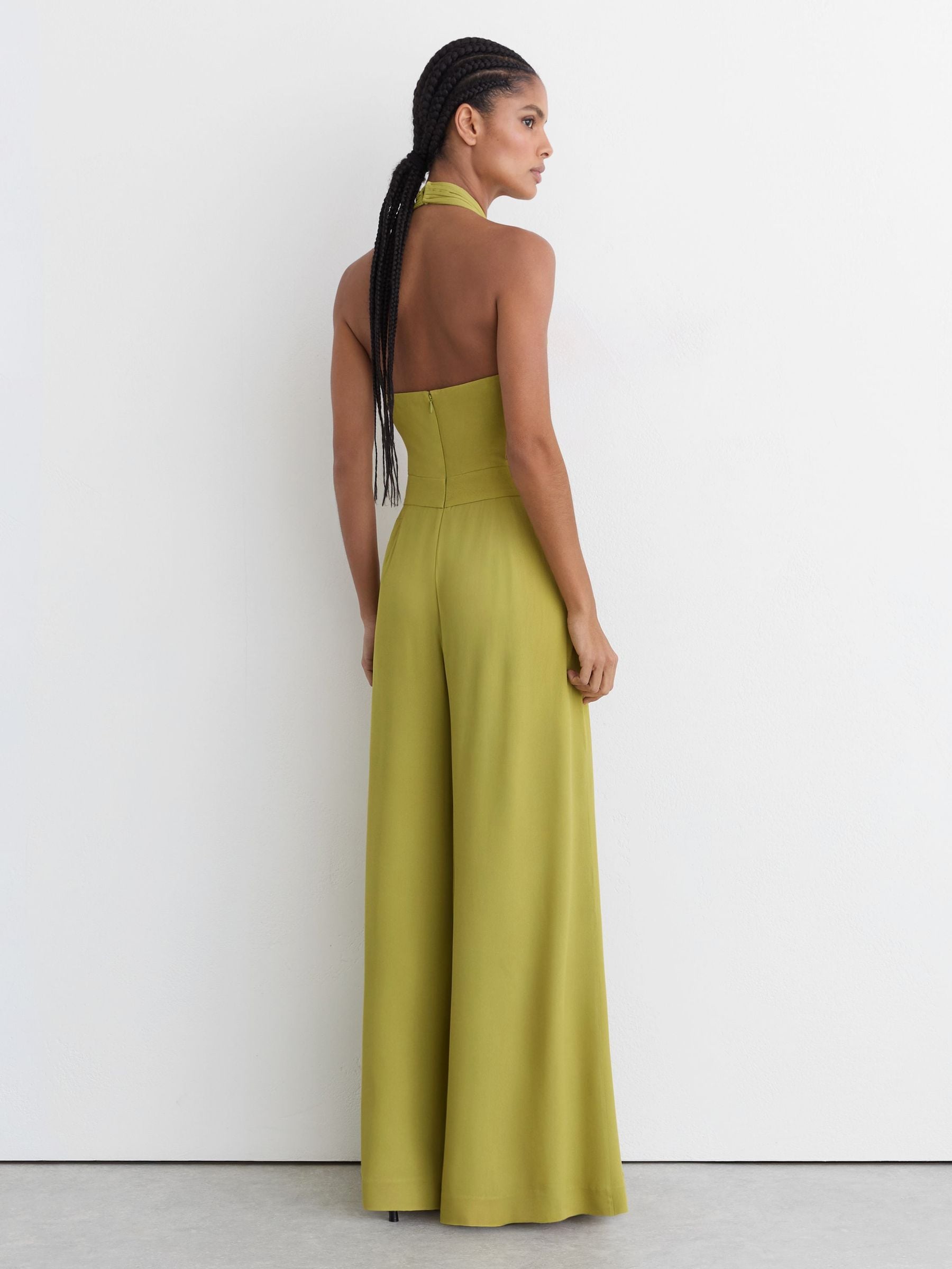 Buy Reiss Green Lainey Halterneck Pleated Wide-Leg Jumpsuit from