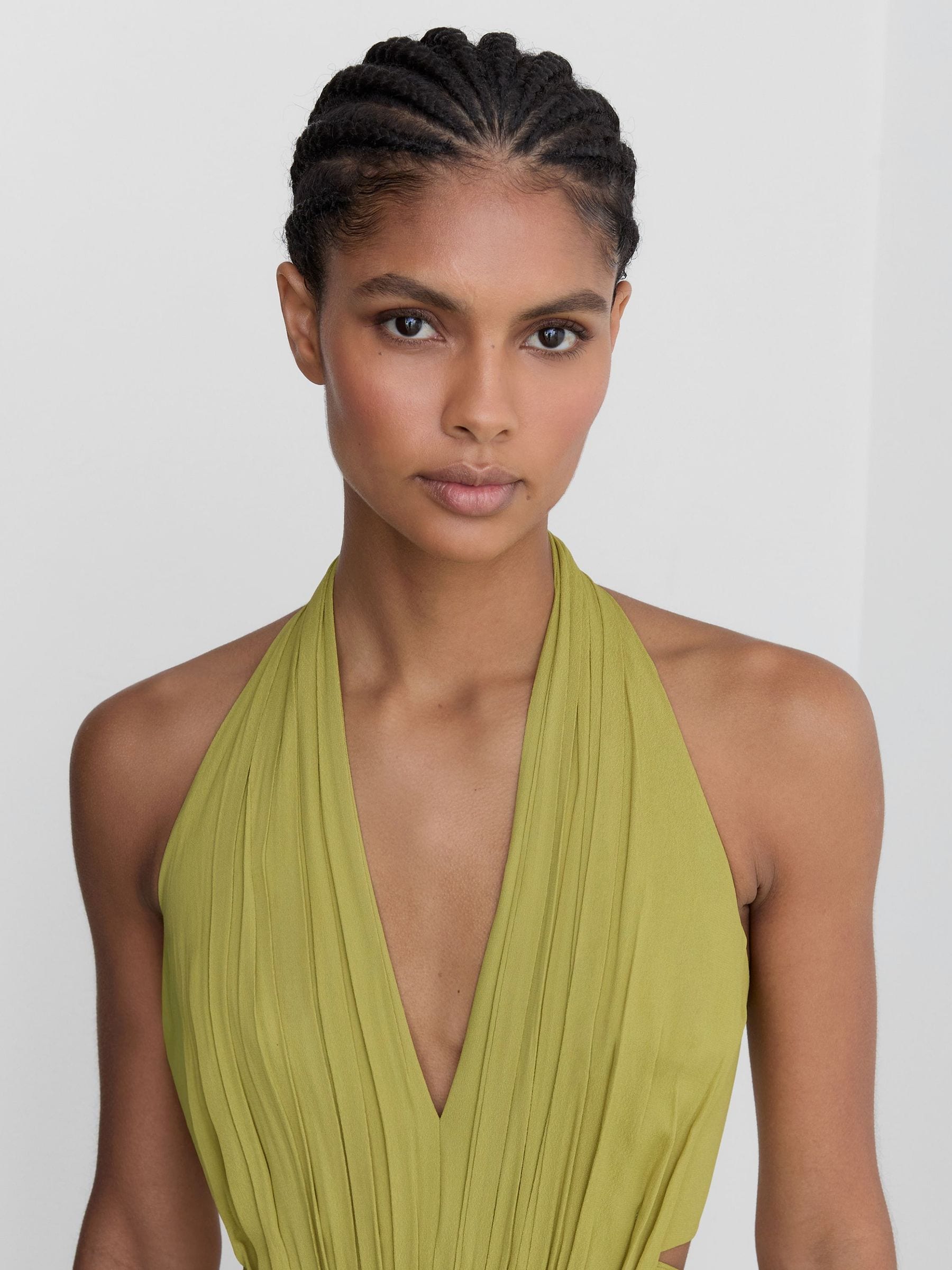 Buy Reiss Green Lainey Halterneck Pleated Wide-Leg Jumpsuit from