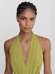 Reiss Green Lainey Halterneck Pleated Wide-Leg Jumpsuit - Image 8 of 9