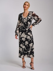 Jolie Moi Black Floral Ruffle V-Neck Long Sleeve Mesh Midaxi Dress - Image 4 of 6