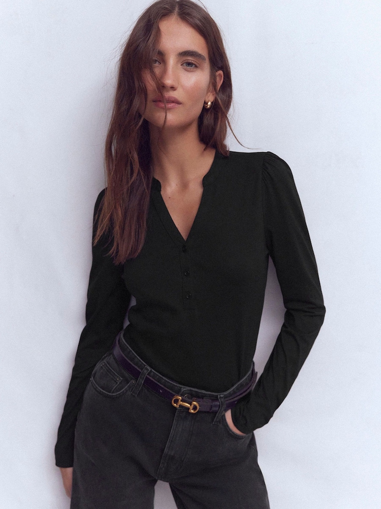 Boden Black Supersoft Open Neck Henley T-Shirt - Image 1 of 6