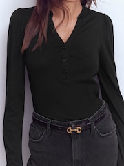 Boden Black Supersoft Open Neck Henley T-Shirt - Image 2 of 6