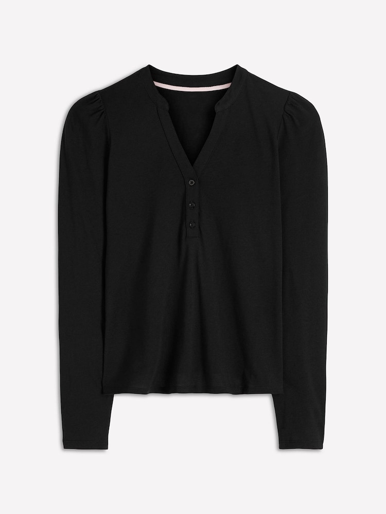 Boden Black Supersoft Open Neck Henley T-Shirt - Image 6 of 6