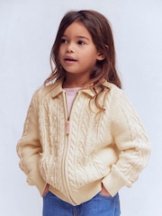 Boden Cream Collared Cable Zip-Up Cardigan - Image 1 of 6