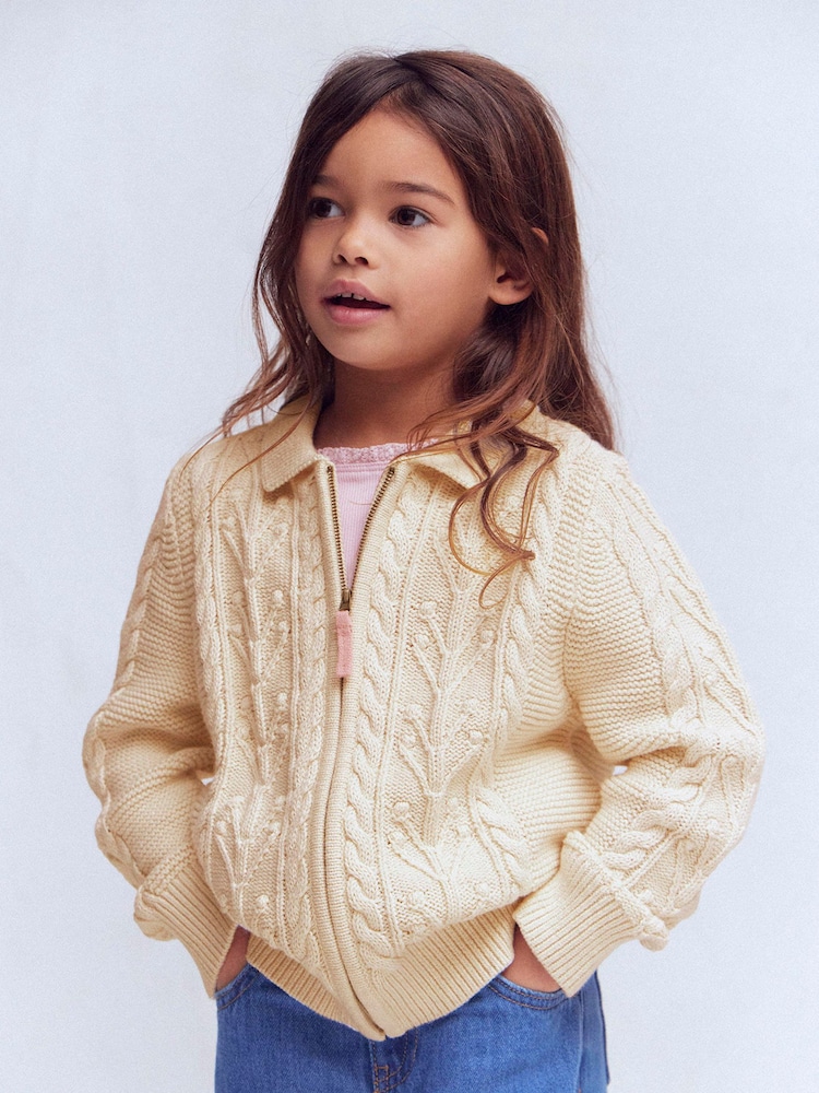 Boden Cream Collared Cable Zip-Up Cardigan - Image 1 of 6