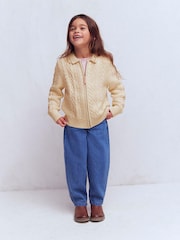 Boden Cream Collared Cable Zip-Up Cardigan - Image 2 of 6