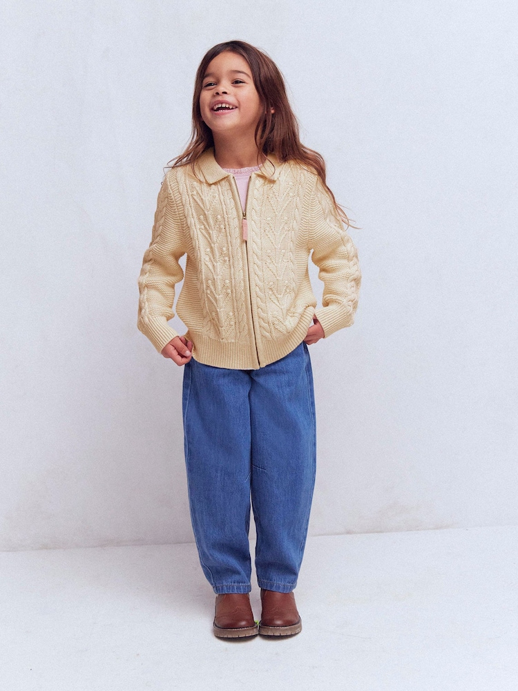 Boden Cream Collared Cable Zip-Up Cardigan - Image 2 of 6