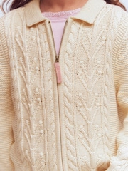 Boden Cream Collared Cable Zip-Up Cardigan - Image 3 of 6