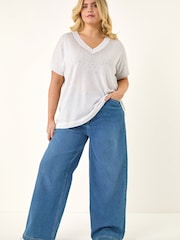 Roman White Curve Shimmer Sparkly Knit Top - Image 2 of 5