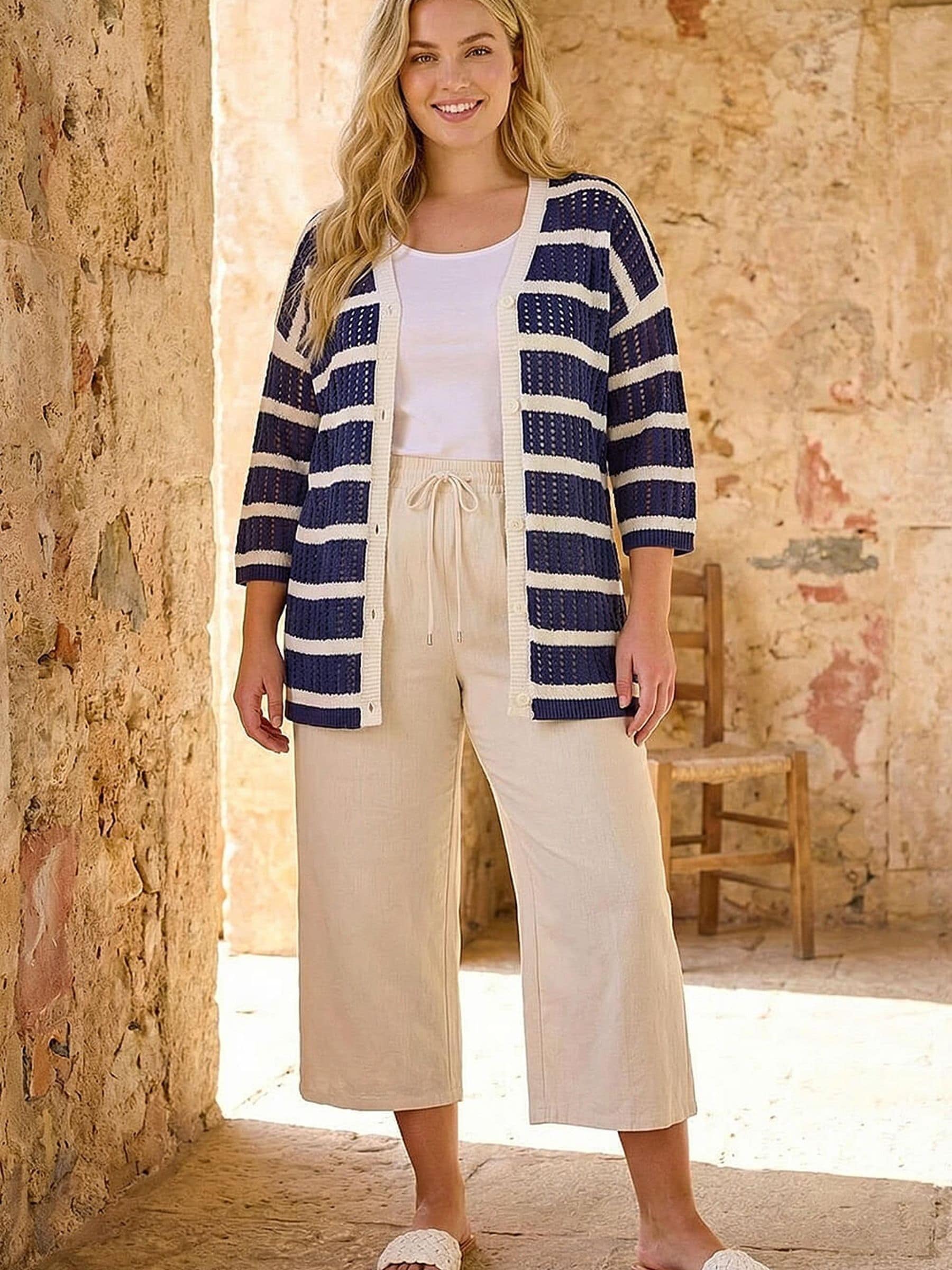 Buy Roman Blue Curve Stripe Crochet Knit Cardigan from Next USA