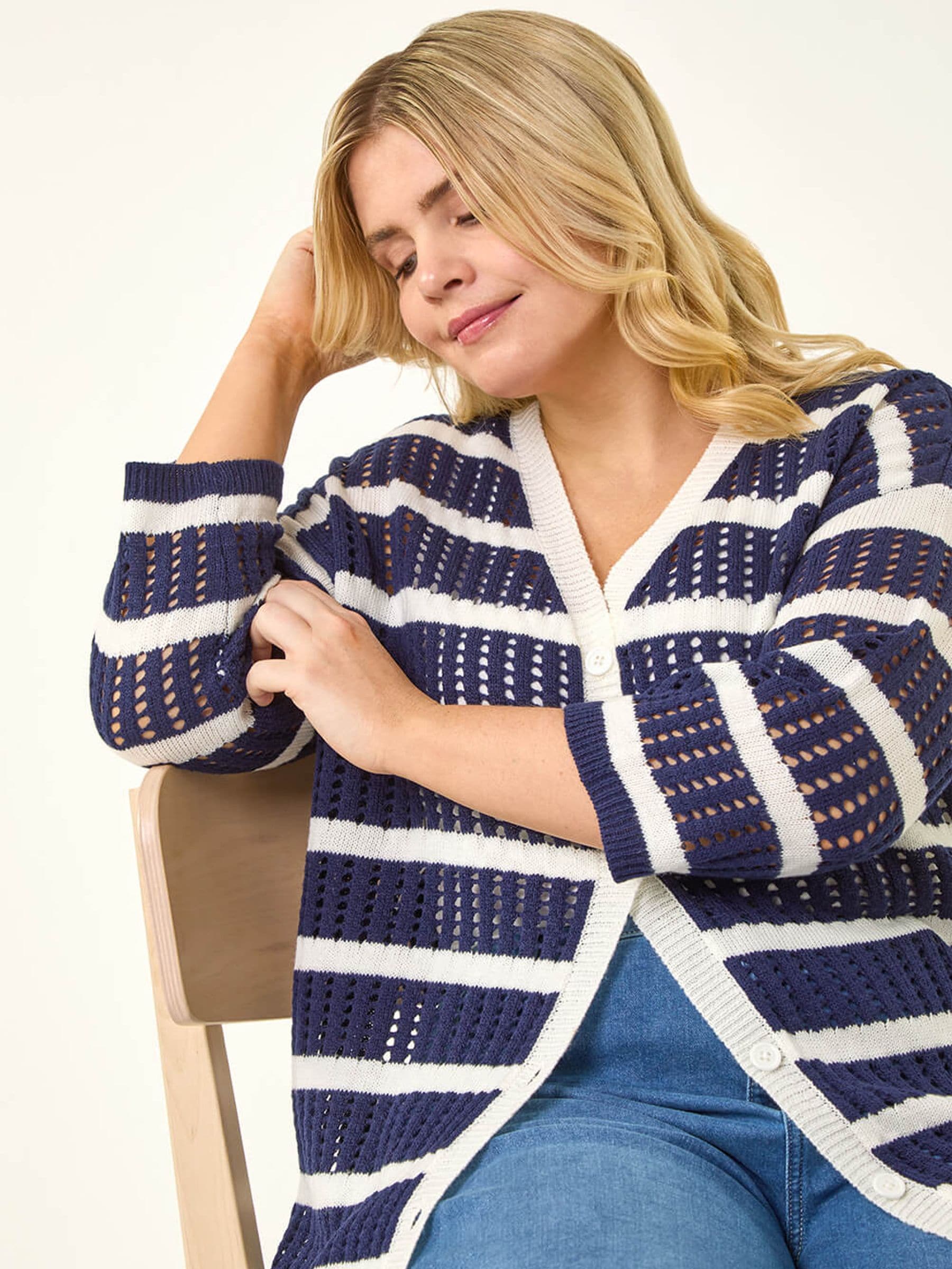 Buy Roman Blue Curve Stripe Crochet Knit Cardigan from Next USA
