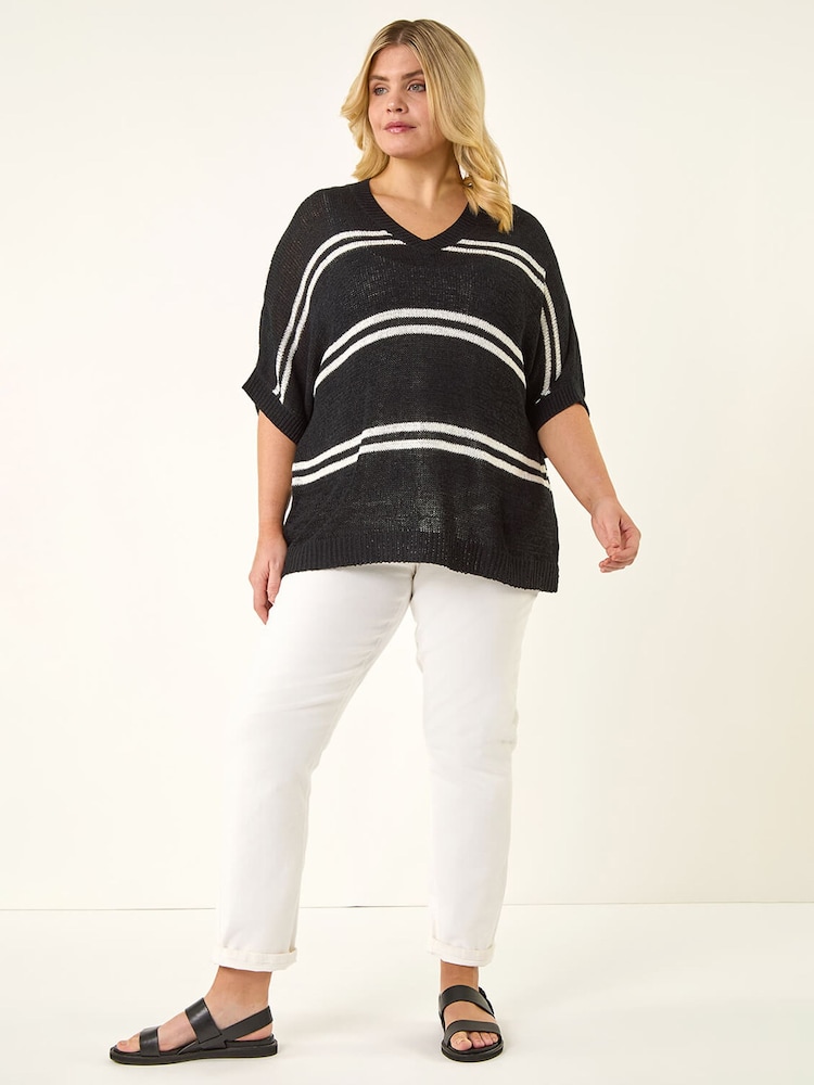 أسود - Roman Curve Stripe V-Neck Knit Jumper - Image 2 of 5