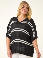 أسود - Roman Curve Stripe V-Neck Knit Jumper - Image 4 of 5