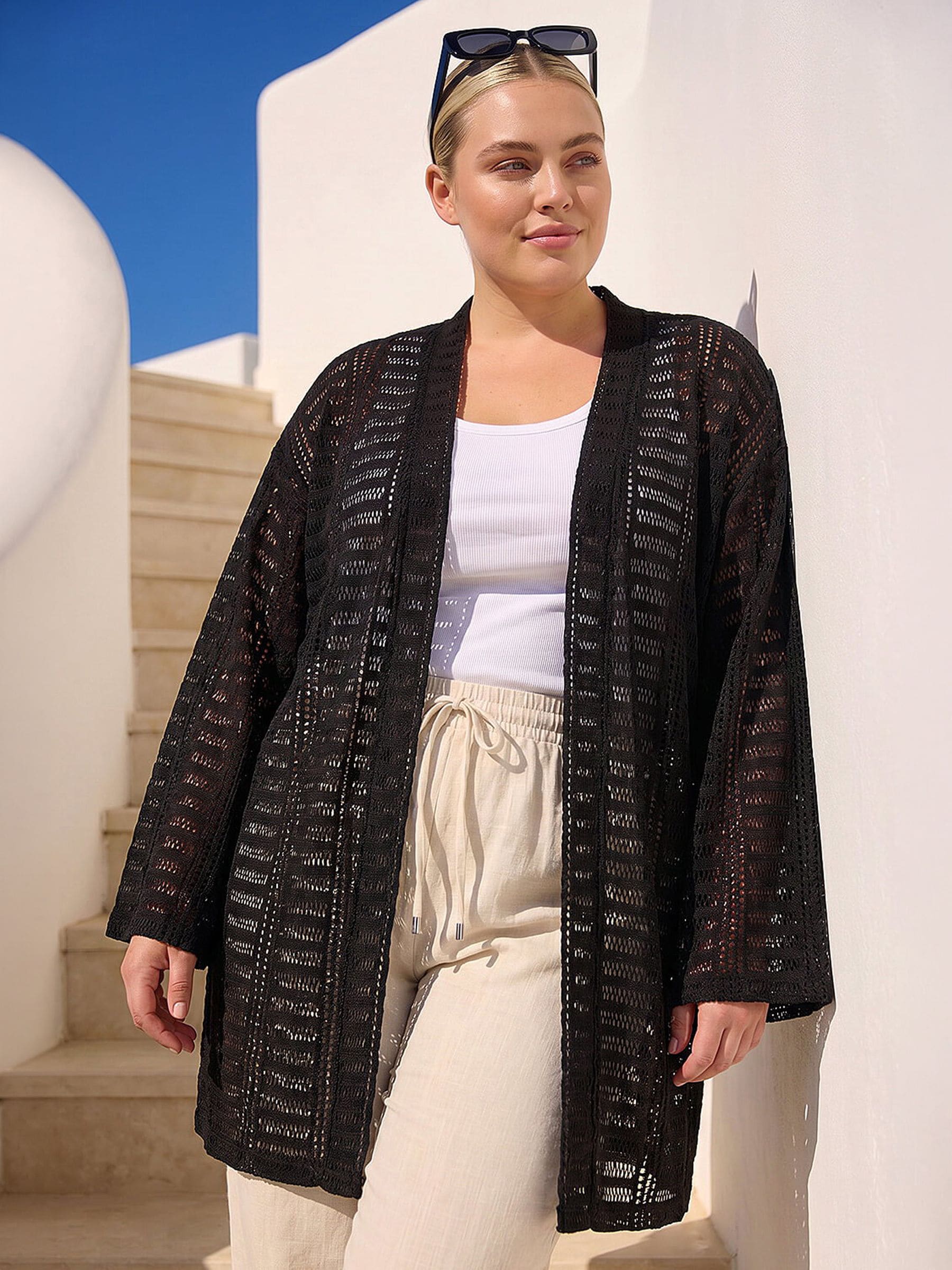Roman Women's Black Curve Open Knit Cardigan