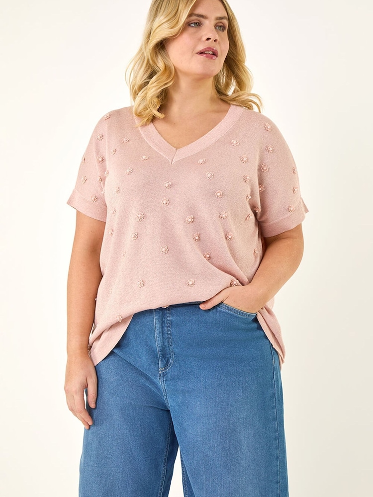Roman Pink Curve Faux Pearl Embellished Top - Image 1 of 5