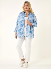 Roman Blue Curve Stripe Floral Print Blouse - Image 2 of 4