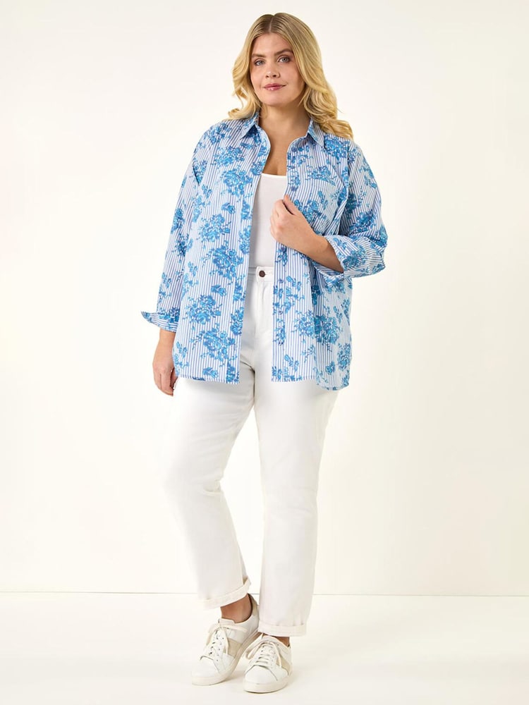 Roman Blue Curve Stripe Floral Print Blouse - Image 2 of 4