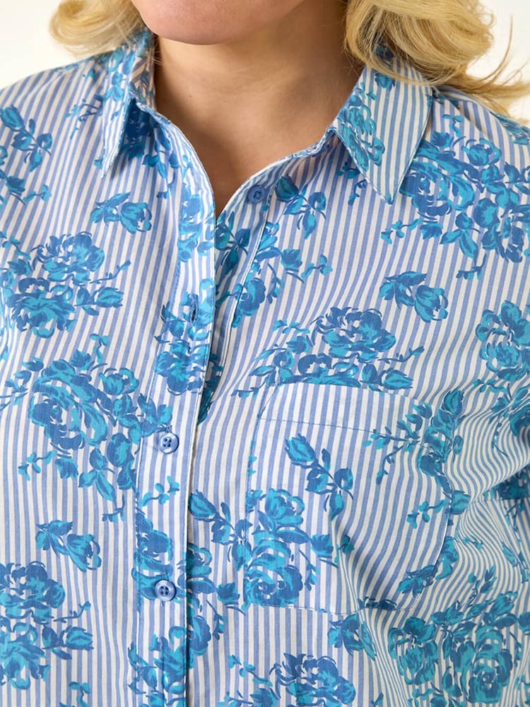 Roman Blue Curve Stripe Floral Print Blouse - Image 4 of 4