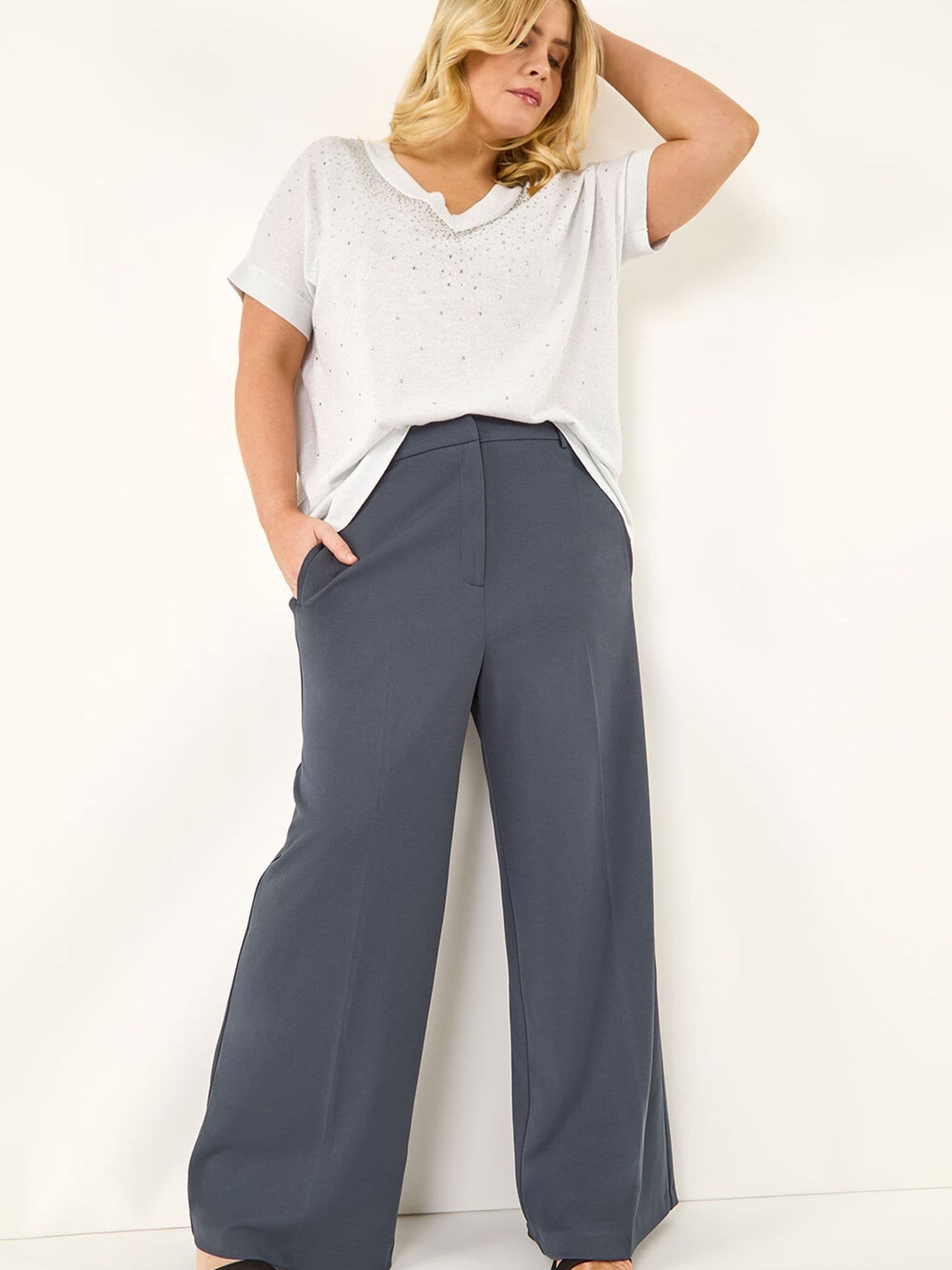 Roman Women's Grey Curve Tailored Wide Leg Stretch Trousers