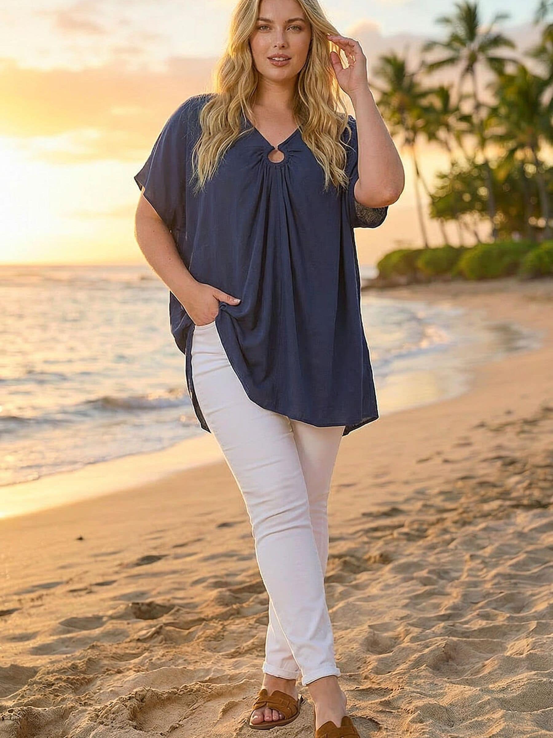 Roman Women's Blue Curve Ring Front Oversized Top