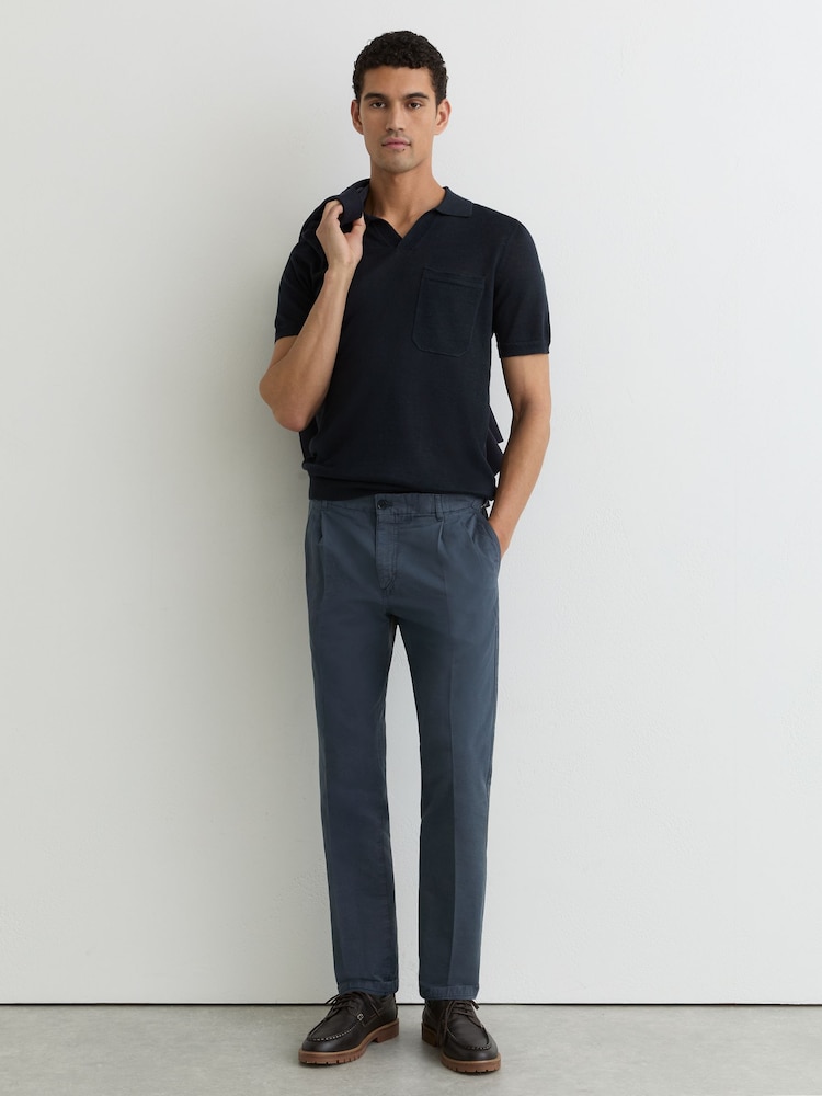 Reiss Airforce Blue Pablo Cotton-Linen Side-Adjuster Tapered Trousers - Image 1 of 6