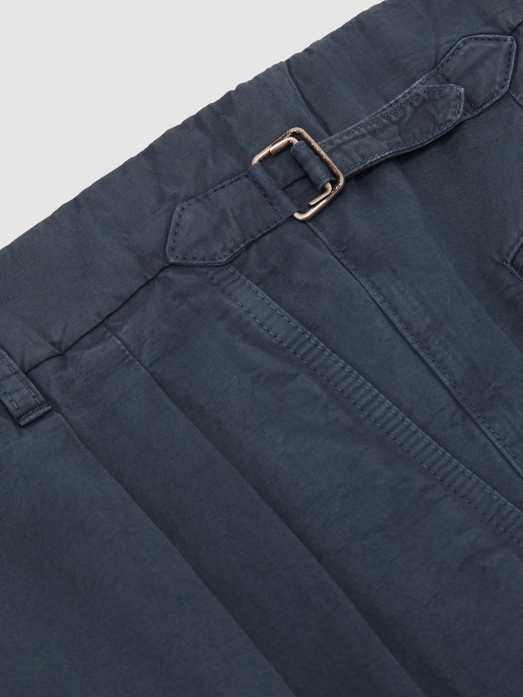 Reiss Airforce Blue Pablo Cotton-Linen Side-Adjuster Tapered Trousers - Image 6 of 6