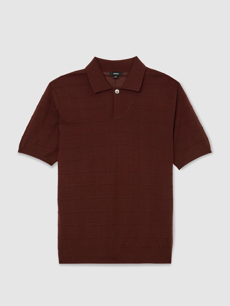 Reiss Bordeaux Serval Check-Texture Short-Sleeve Polo Jumper with Wool - Image 2 of 6