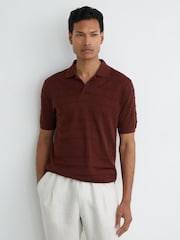 Reiss Bordeaux Serval Check-Texture Short-Sleeve Polo Jumper with Wool - Image 4 of 6