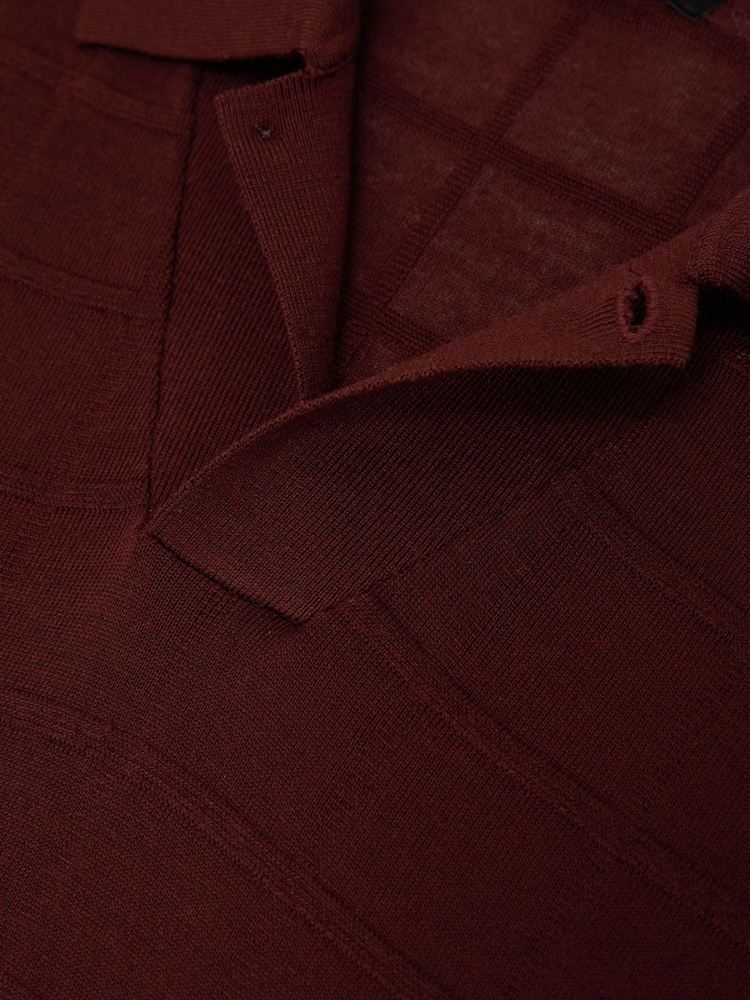 Reiss Bordeaux Serval Check-Texture Short-Sleeve Polo Jumper with Wool - Image 6 of 6