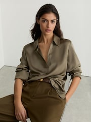 Reiss Khaki Green Marina Silk Open-Collar Blouse - Image 1 of 7