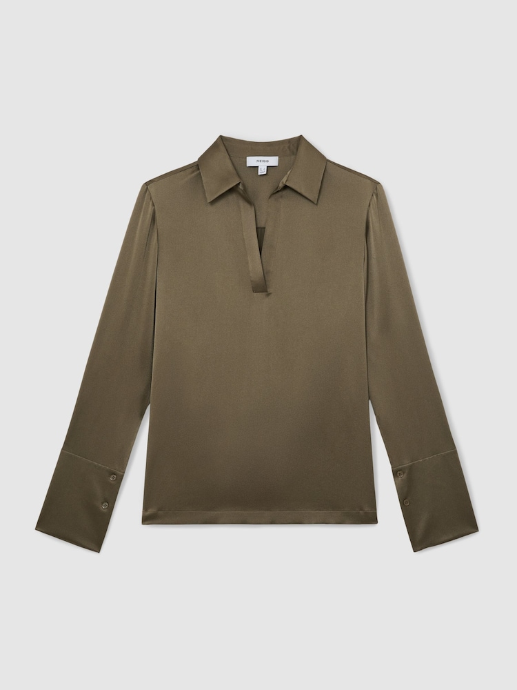 Reiss Khaki Green Marina Silk Open-Collar Blouse - Image 2 of 7