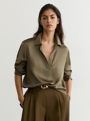 Reiss Khaki Green Marina Silk Open-Collar Blouse - Image 4 of 7