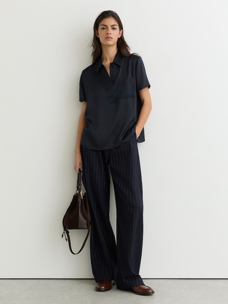 Reiss Navy Polly Silk Half-Button Short-Sleeve Shirt - Image 1 of 6