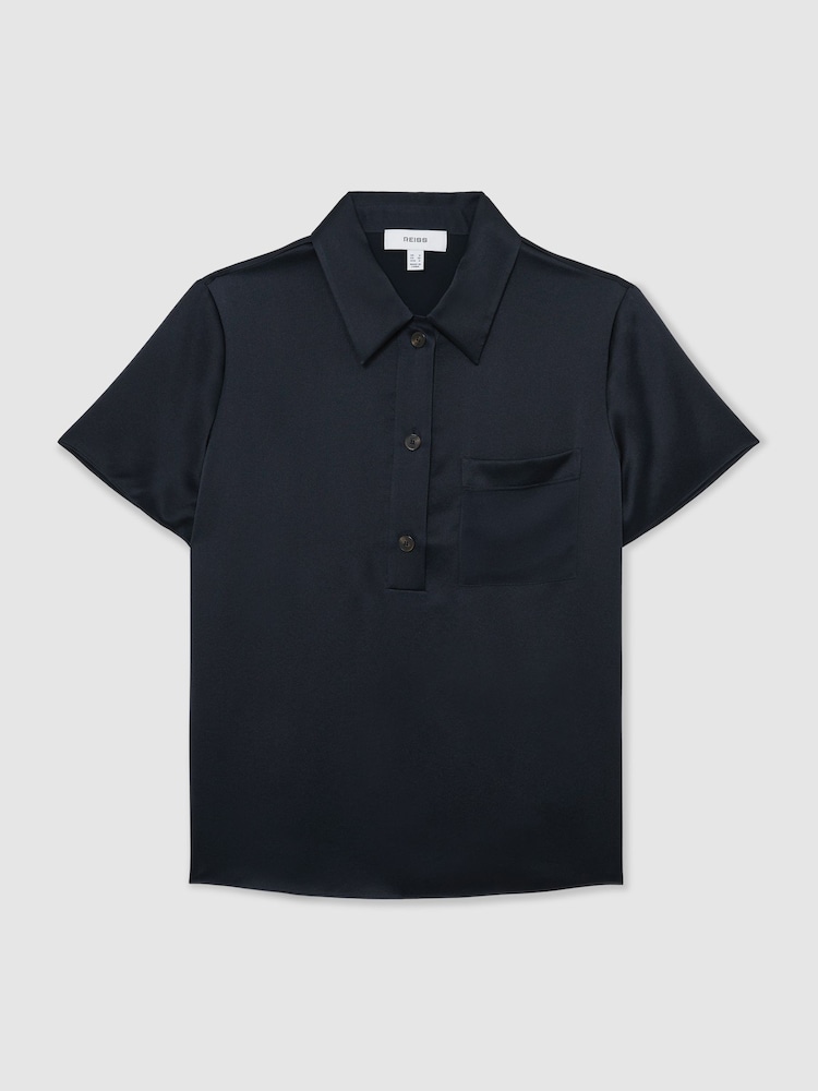 Reiss Navy Polly Silk Half-Button Short-Sleeve Shirt - Image 2 of 6