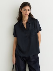Reiss Navy Polly Silk Half-Button Short-Sleeve Shirt - Image 3 of 6