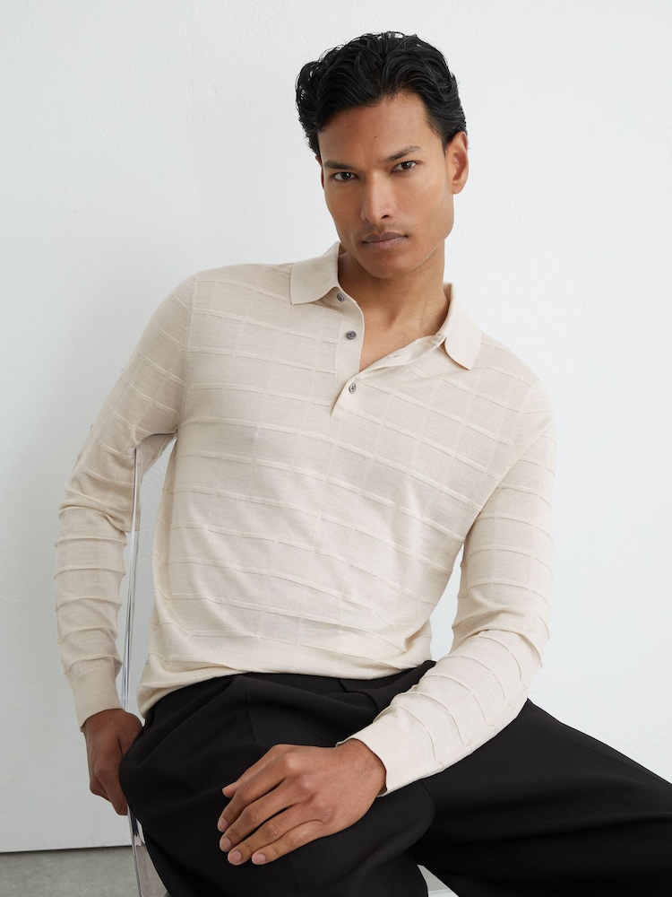 Reiss Ecru Pallas Check-Texture Long-Sleeve Polo Jumper with Wool - Image 1 of 7
