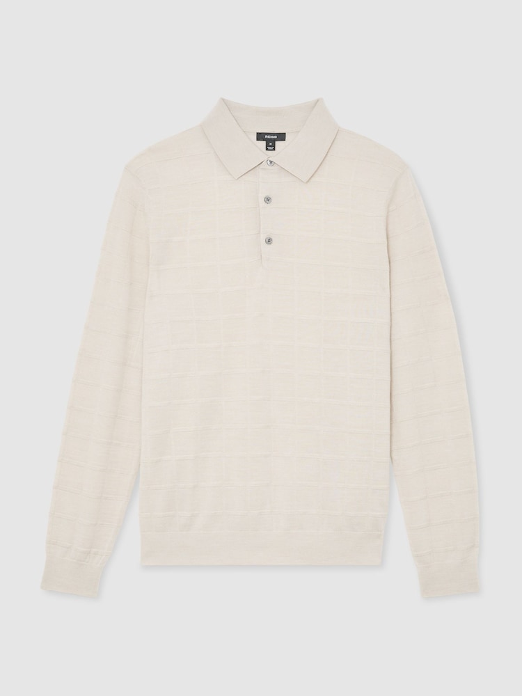 Reiss Ecru Pallas Check-Texture Long-Sleeve Polo Jumper with Wool - Image 2 of 7