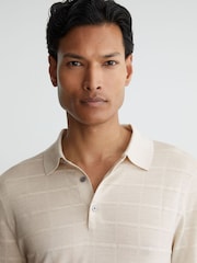 Reiss Ecru Pallas Check-Texture Long-Sleeve Polo Jumper with Wool - Image 3 of 7