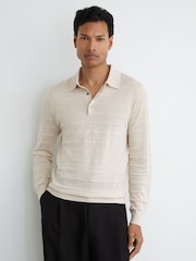 Reiss Ecru Pallas Check-Texture Long-Sleeve Polo Jumper with Wool - Image 5 of 7