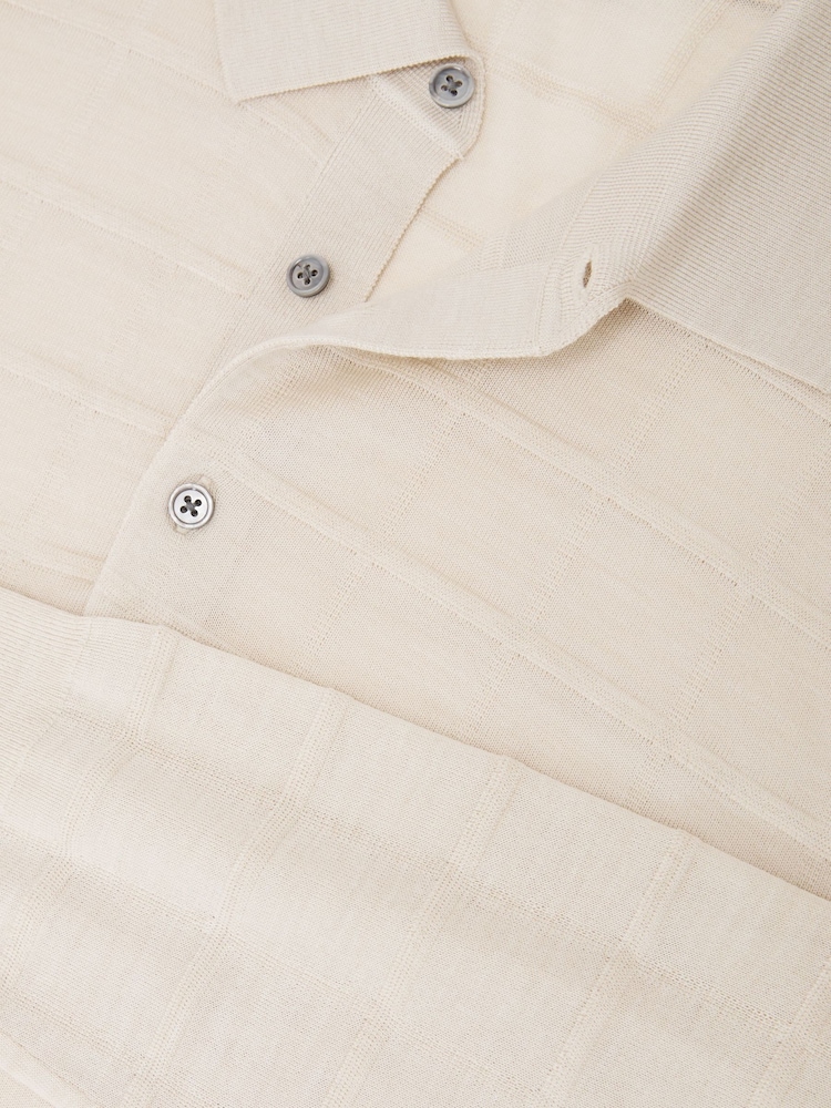 Reiss Ecru Pallas Check-Texture Long-Sleeve Polo Jumper with Wool - Image 7 of 7