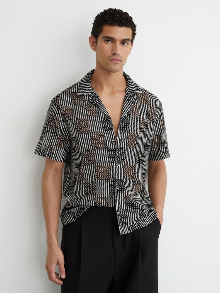 Reiss Carlos Checkerboard Crochet Cuban Collar Shirt - Изображение 1 7