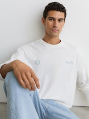 Reiss White Suave Cotton Motif Long-Sleeve Relaxed T-Shirt - Image 5 of 7