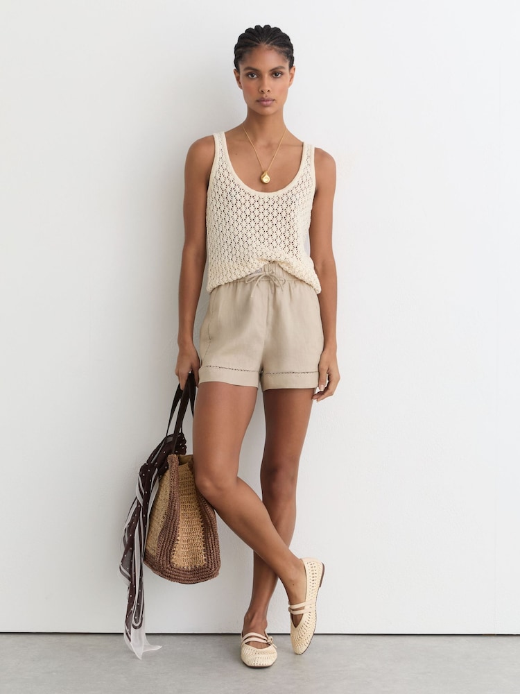 Reiss Neutral Riley Linen Ladder-Embroidery Shorts - Image 1 of 7