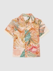 Reiss Neutral Armond Cotton Tropical-Print Cuban-Collar Shirt - Image 1 of 3