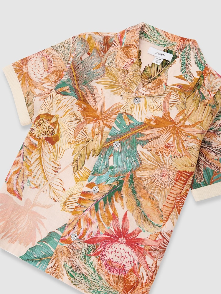 Reiss Neutral Armond Cotton Tropical-Print Cuban-Collar Shirt - Image 3 of 3 Reiss Neutral Armond Cotton Tropical-Print Cuban-Collar Shirt - Image 3 of 3