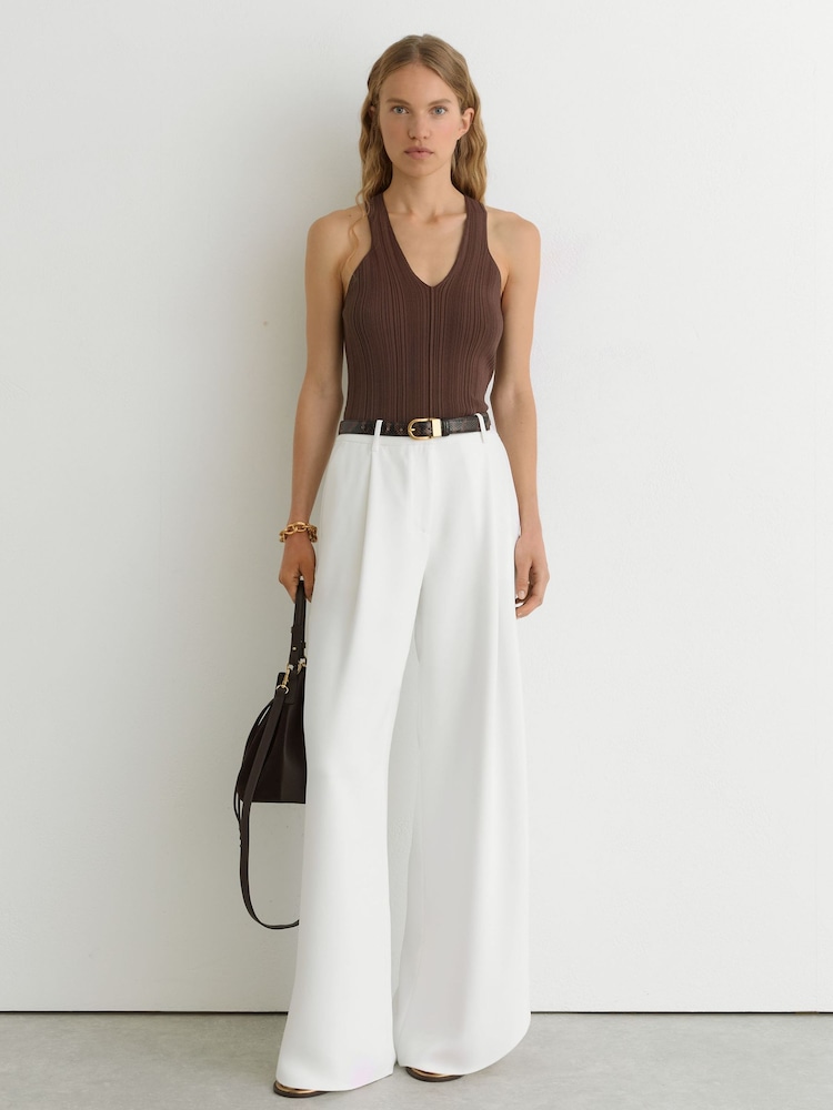 Reiss Chocolate Brown Harris Pleated Knit V-Neck Vest - Image 1 of 6