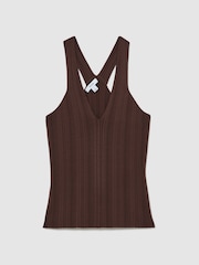 Reiss Chocolate Brown Harris Pleated Knit V-Neck Vest - Image 2 of 6