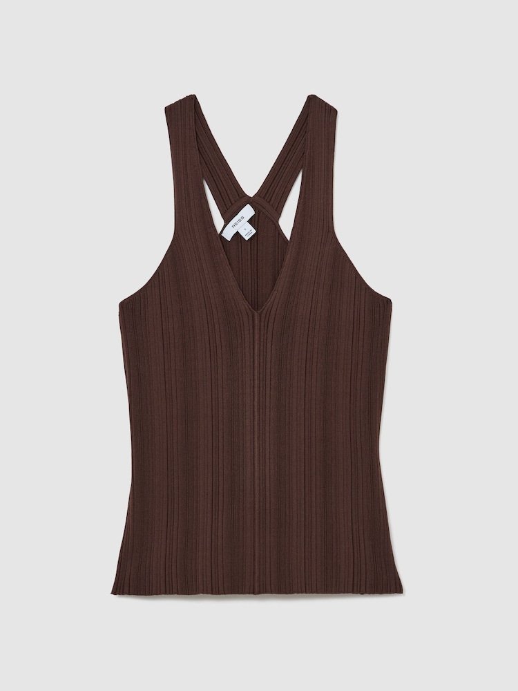 Reiss Chocolate Brown Harris Pleated Knit V-Neck Vest - Image 2 of 6