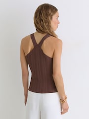 Reiss Chocolate Brown Harris Pleated Knit V-Neck Vest - Image 4 of 6
